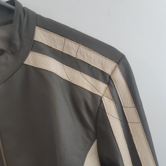 OXYHO Sorento Large Women's Genuine Leather Coat, Two-Tone Olive/Grey + Beige - Picture 6 of 16